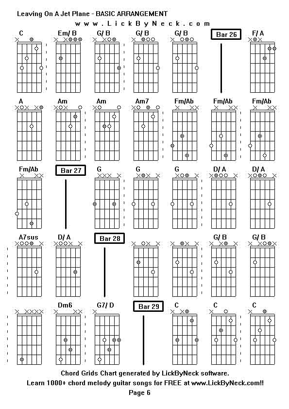 Chord Grids Chart of chord melody fingerstyle guitar song-Leaving On A Jet Plane - BASIC ARRANGEMENT,generated by LickByNeck software.